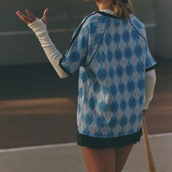 Free People Blue Argyle Short Sleeve Tee - Picture 4 of 6